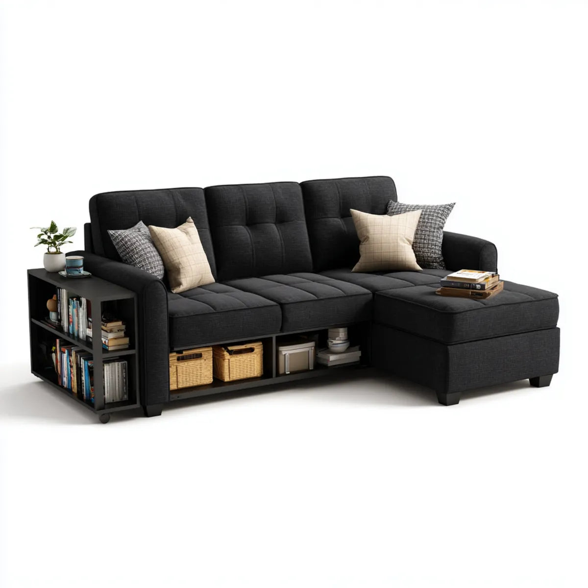 Sofa, Kanapa narożna 3 fotele z krzesełkiem z prawej i czarnym poliestrowym regał 250 x 150 x 88 cm