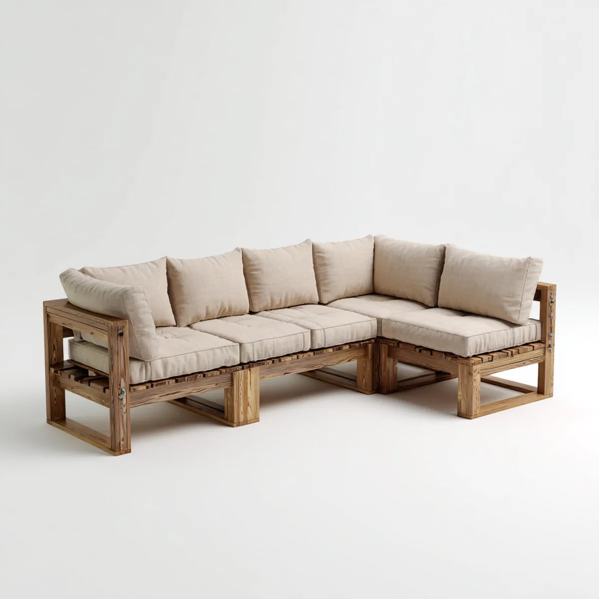 Sofa, Kanapa narożna w beżowym i naturalnym 240 x 180 x 85 cm w sosnie i poliestrze