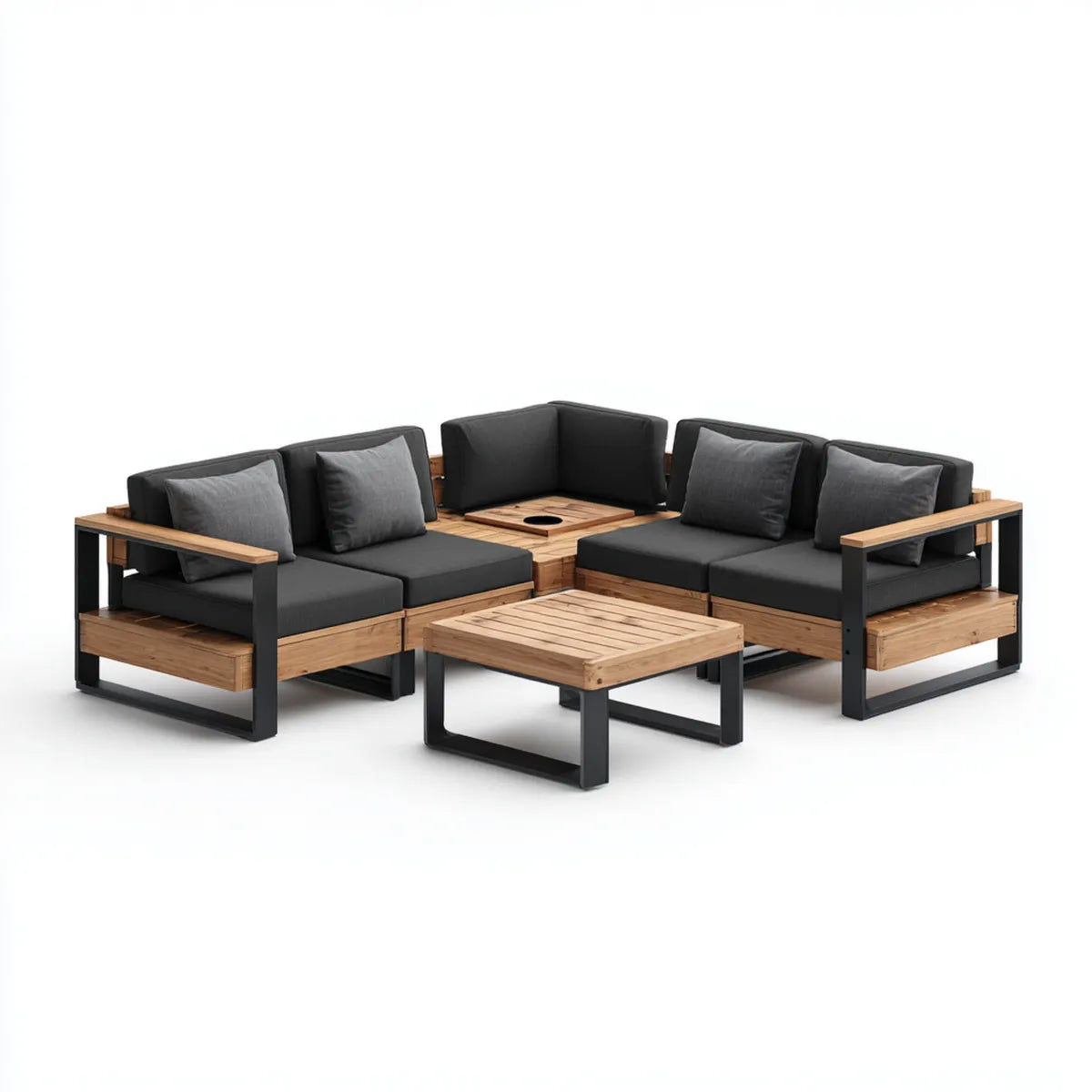Sofa ogrodowa, 5-częściowy taras salon zestaw czarny charakter z drewna acacia i stali pokrytej proszkiem w kształcie U- 258 x 210 cm