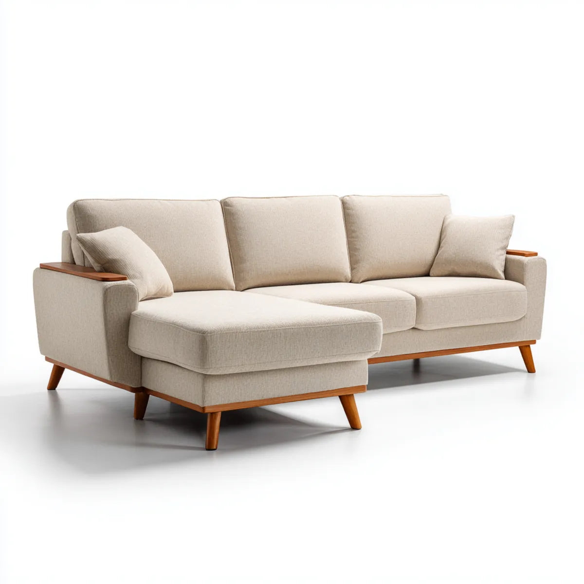 Sofa z krzesełkowym longiem lewo 3 beżowe poliestrowe fotele 250 x 160 x 85 cm prostokątne