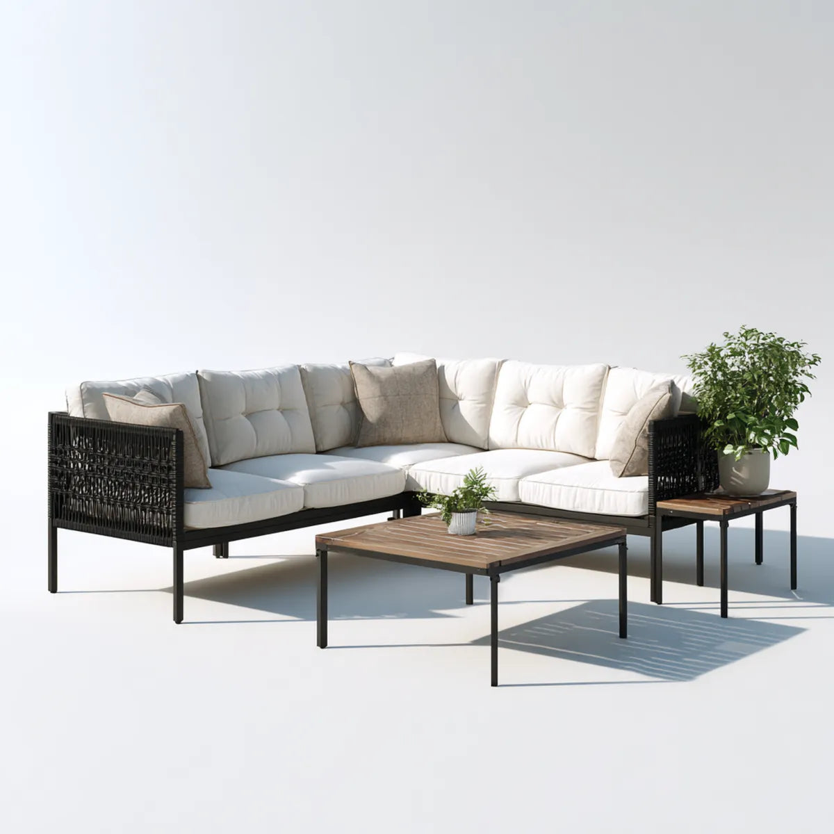 Sofa ogrodowa, Taras loungeset narożna sofa biały czarny z stolik kawowy i stolik boczny 255 x 200 cm stali polietylen poliester kształt L