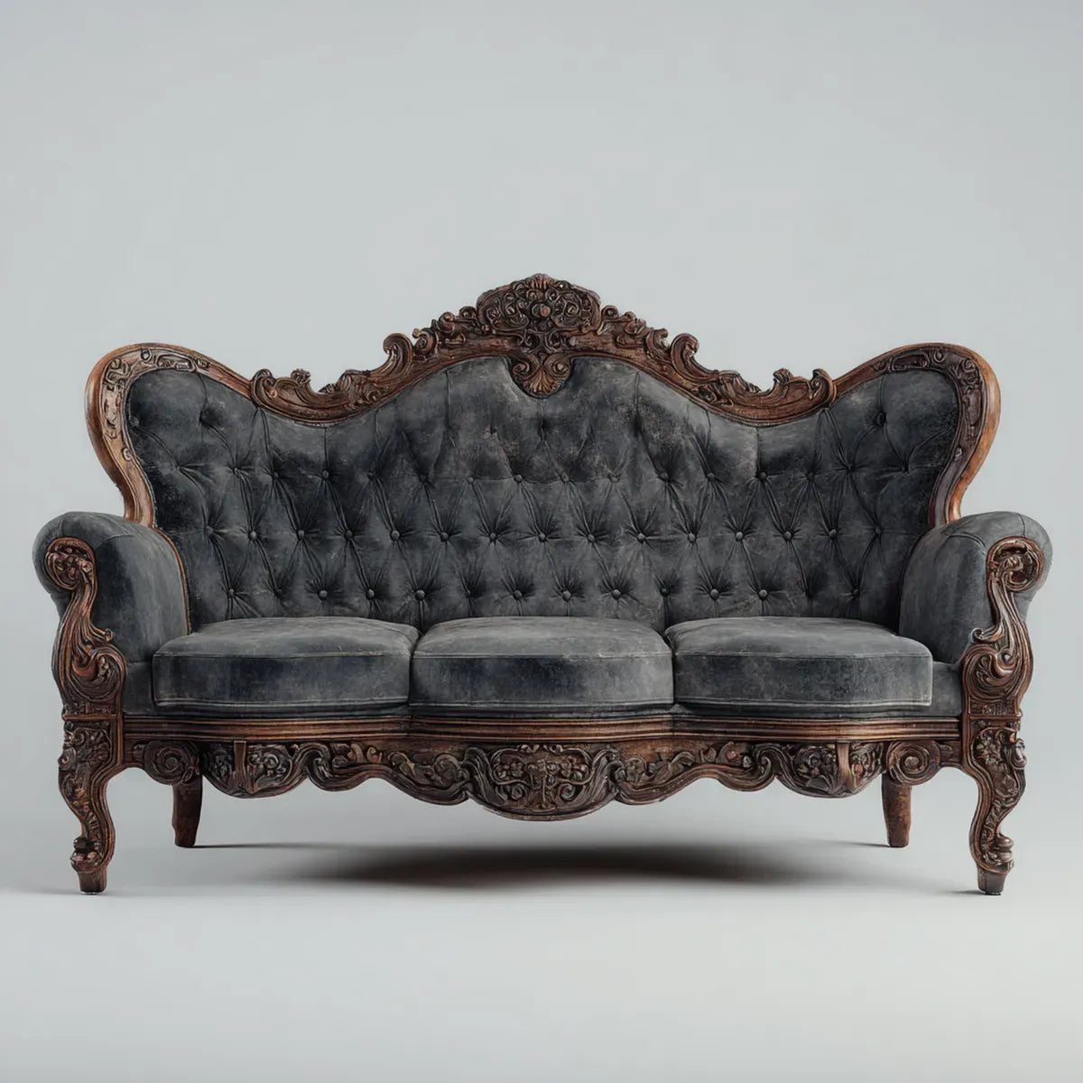 Sofa, 3 barokowa, szara sofa antracytowa w poliestrowym aksamicie z litym drewnem ramka 220 x 90 x 120 cm